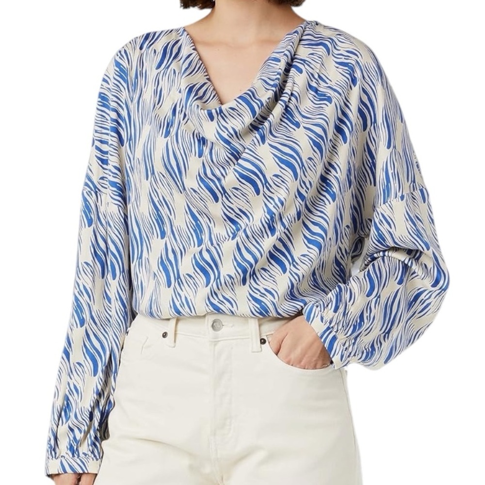 NWT SISLEY Long Sleeve Drape Neckline Tie Open Back Pattern Blouse size Medium
